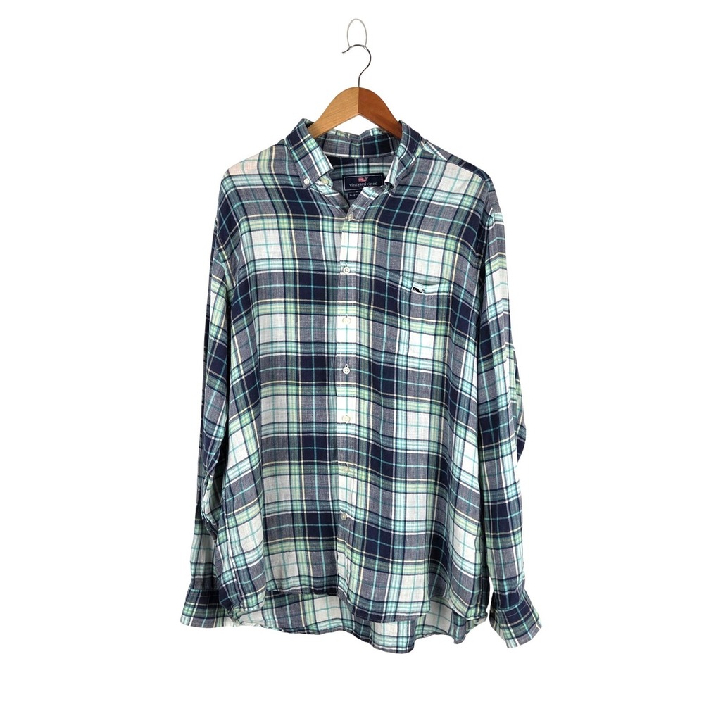 Vineyard Vines Mens XL Slim Fit Tucker Shirt Linen Blue Green Plaid